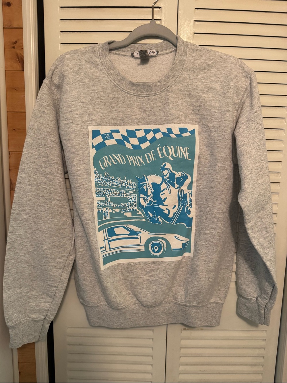 TKEQ Women's Heather Gray Crewneck Sweatshirt with Teal Graphic